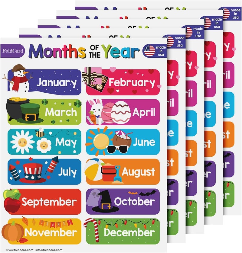 FoldCard 12 Months of the Year Chart for Preschool to Grade 1 Kids – Colorful Educational Visual/Learning Aid Poster Decoration for Classroom or Home | Glossy Durable Cardstock | 8.5" x 11" | 5 per Pack - Image 1